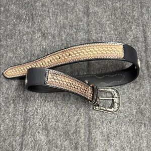 Black and Tan Woven Leather Belt with Silver Buckle